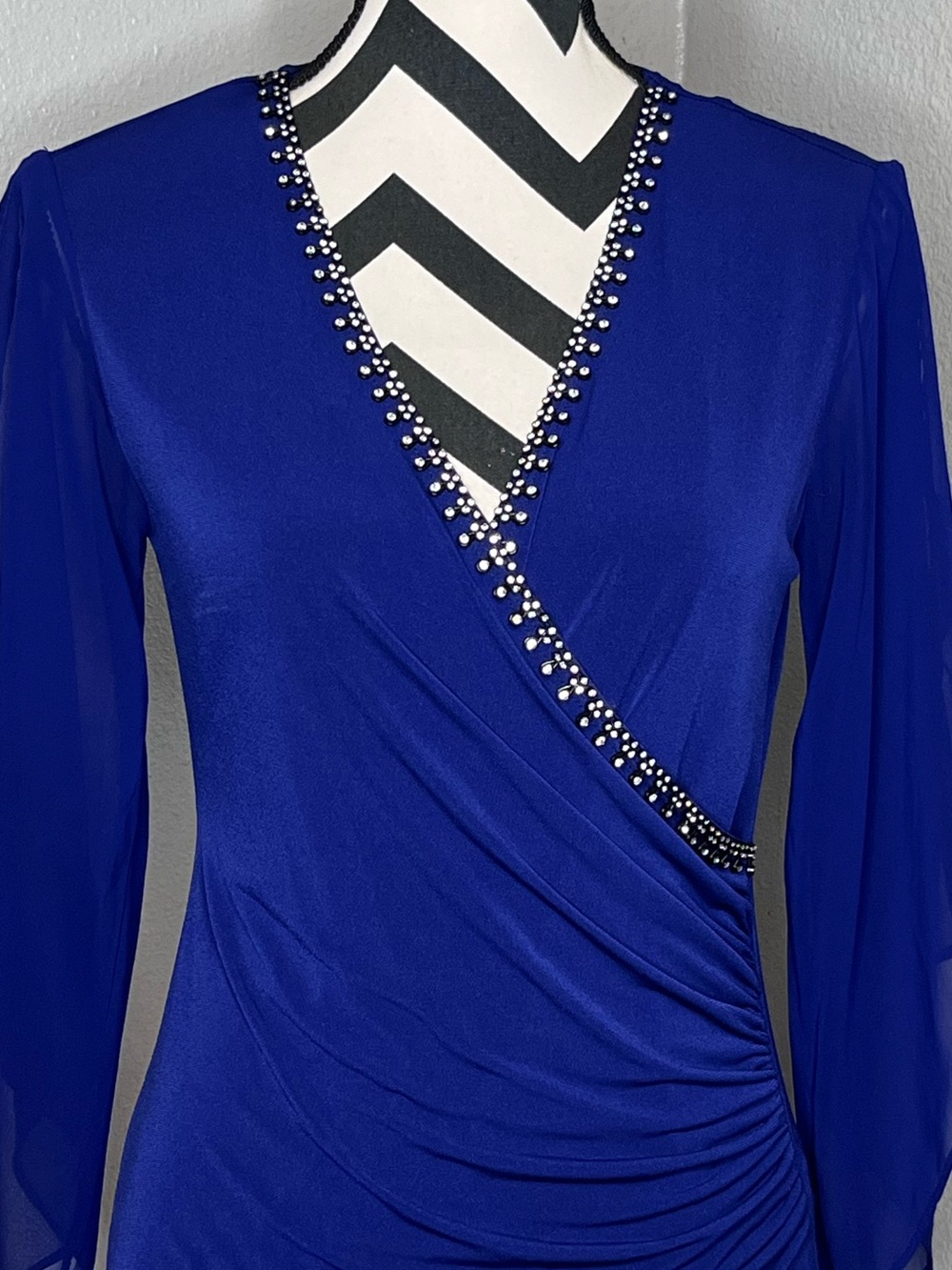 Royal Blue Sheer Bell-Sleeve V-Neck Faux Wrap Cocktail Evening Blouse Sz S - Picture 4 of 16
